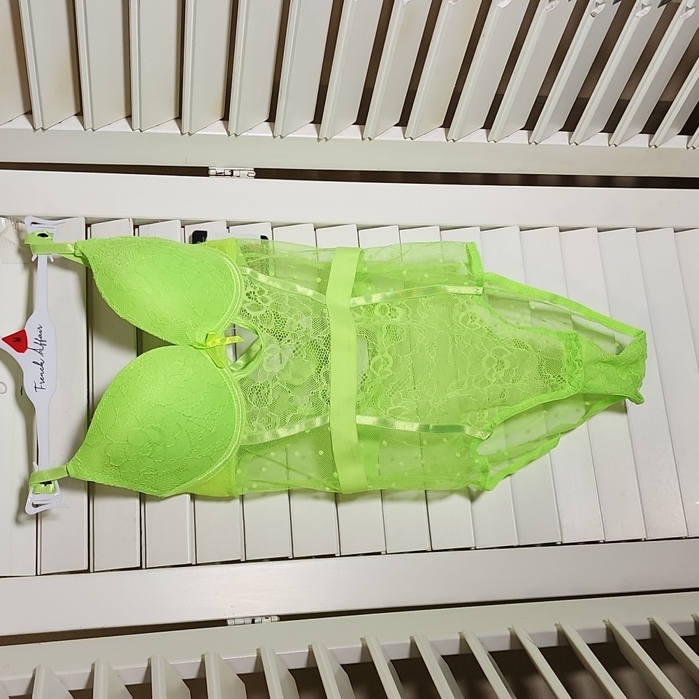 French Affair push-up bodysuit size medium Neon green floral lace.